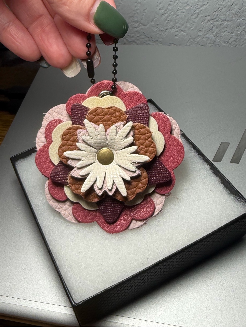 Handmade Leather Flower Bag Charm - Pink Mauve Brown - Purse Keychain